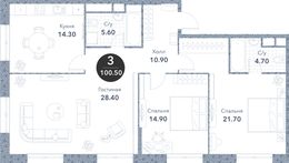 Планировка 3-комнатной квартиры, 100,5 м2