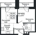 Планировка 1-комнатной квартиры, 36,3 м2