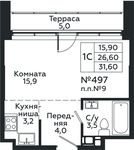 Планировка квартиры студии, 31,6 м2