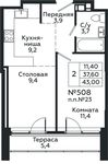 Планировка 2-комнатной квартиры, 43 м2