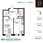 Планировка 2-комнатной квартиры, 46,9 м2