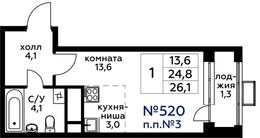 Планировка квартиры студии, 26,1 м2