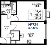 Планировка 1-комнатной квартиры, 43,4 м2