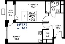 Планировка 1-комнатной квартиры, 49,3 м2