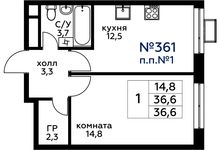 Планировка 1-комнатной квартиры, 36,6 м2