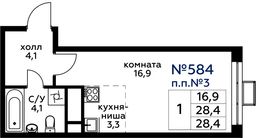 Планировка квартиры студии, 28,6 м2