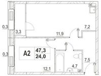 Планировка 1-комнатной квартиры, 46,6 м2