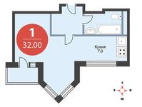 Планировка 1-комнатной квартиры, 32 м2