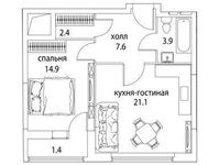 Планировка 2-комнатной квартиры, 52 м2