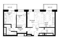 Планировка 3-комнатной квартиры, 70 м2