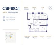 Планировка 3-комнатной квартиры, 90,7 м2