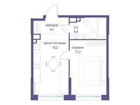 Планировка  1-комнатной квартиры, 46,5 м2