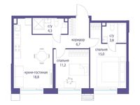 Планировка  2-комнатной квартиры, 59,8 м2