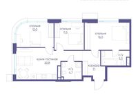 Планировка  3-комнатной квартиры, 77,4 м2