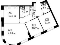 Планировка 3-комнатной квартиры, 75,6 м2