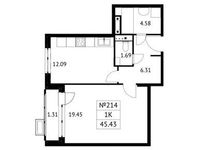 Планировка 1-комнатной квартиры, 45,43 м2