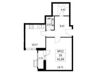 Планировка 1-комнатной квартиры, 45,09 м2