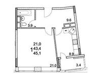 Планировка 1-комнатной квартиры, 45,1 м2