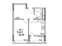 Планировка 1-комнатной квартиры, 42,45 м2