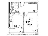 Планировка 1-комнатной квартиры, 38,9 м2