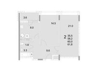 Планировка 2-комнатной квартиры, 60 м2