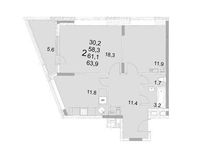 Планировка 2-комнатной квартиры, 61,1 м2