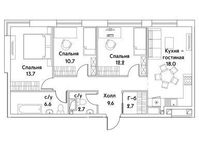 Планировка 3-комнатной квартиры, 75,6 м2