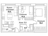 Планировка 2-комнатной квартиры, 61,1 м2