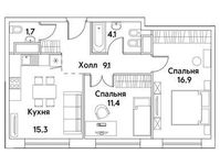 Планировка 2-комнатной квартиры, 57,8 м2
