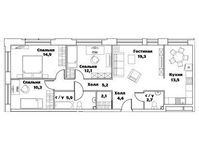 Планировка 4-комнатной квартиры, 91,6 м2