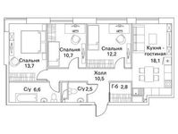 Планировка 4-комнатной квартиры, 77,1 м2