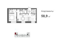 Планировка 1-комнатной квартиры, 58,9 м2
