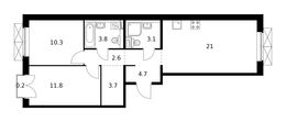 Планировка 2-комнатной квартиры, 61,2 м2