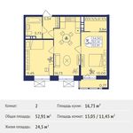 Планировка 2-комнатной квартиры, 52,91 м2