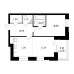 Планировка 2-комнатной квартиры, 57,51 м2