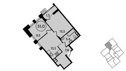 Планировка 2-комнатной квартиры, 51 м2