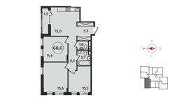 Планировка 3-комнатной квартиры, 68 м2