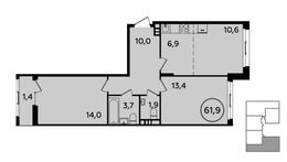 Планировка 2-комнатной квартиры, 61,9 м2