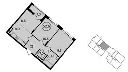 Планировка 2-комнатной квартиры, 52,6 м2