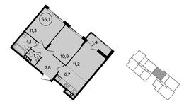 Планировка 2-комнатной квартиры, 55,1 м2