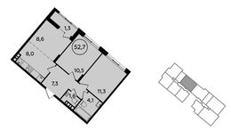 Планировка 3-комнатной квартиры, 52,7 м2