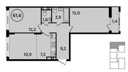 Планировка 3-комнатной квартиры, 61,6 м2