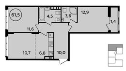 Планировка 2-комнатной квартиры, 61,5 м2