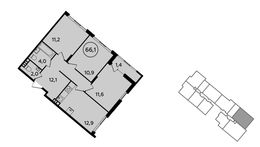 Планировка 3-комнатной квартиры, 66,1 м2