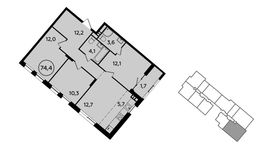 Планировка 3-комнатной квартиры, 74,4 м2