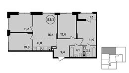 Планировка 4-комнатной квартиры, 88,1 м2