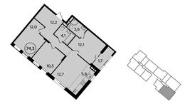 Планировка 3-комнатной квартиры, 74,3 м2