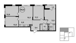 Планировка 4-комнатной квартиры, 86,8 м2