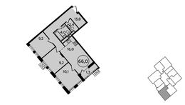 Планировка 3-комнатной квартиры, 66 м2
