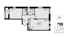 Планировка 2-комнатной квартиры, 57,5 м2
